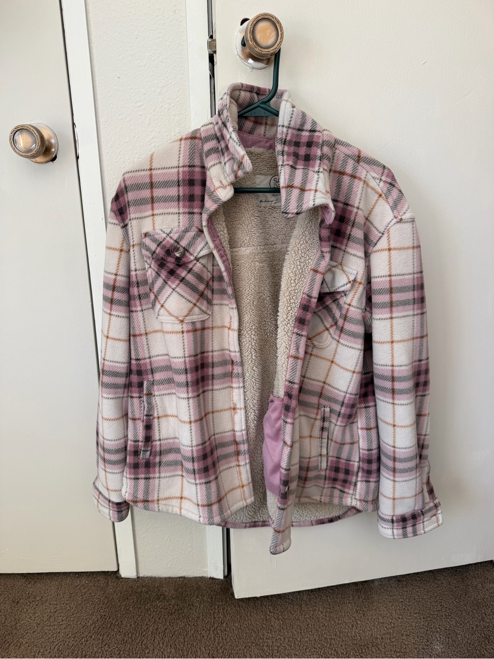 Pink & White Plaid Sherpa-Lined Shacket